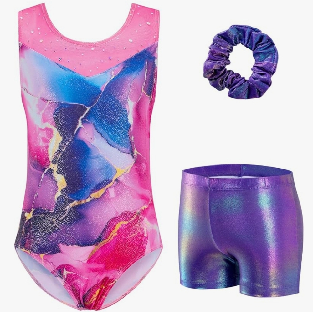Zaclotre Girls Gymnastic Leotard Glitter Mesh Necline 3 Piece NEW 6/7 Yrs